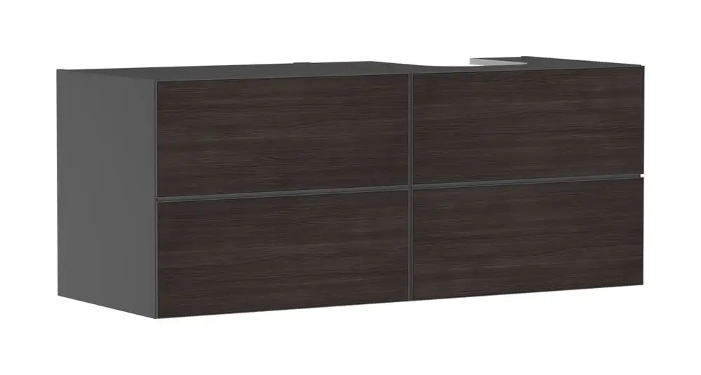 Schwarzer Waschtischunterschrank mit vier Schubkästen, rechte Aussparung für Aufsatzwaschtisch. Produkthinweis Hansgrohe.